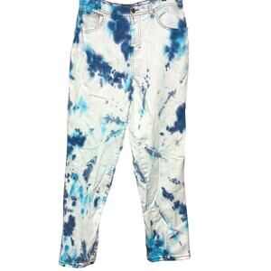 Custom Tie-Dyed Blue Water Hues Straight Tapered Leg Jeans Tummy Control, Size 8